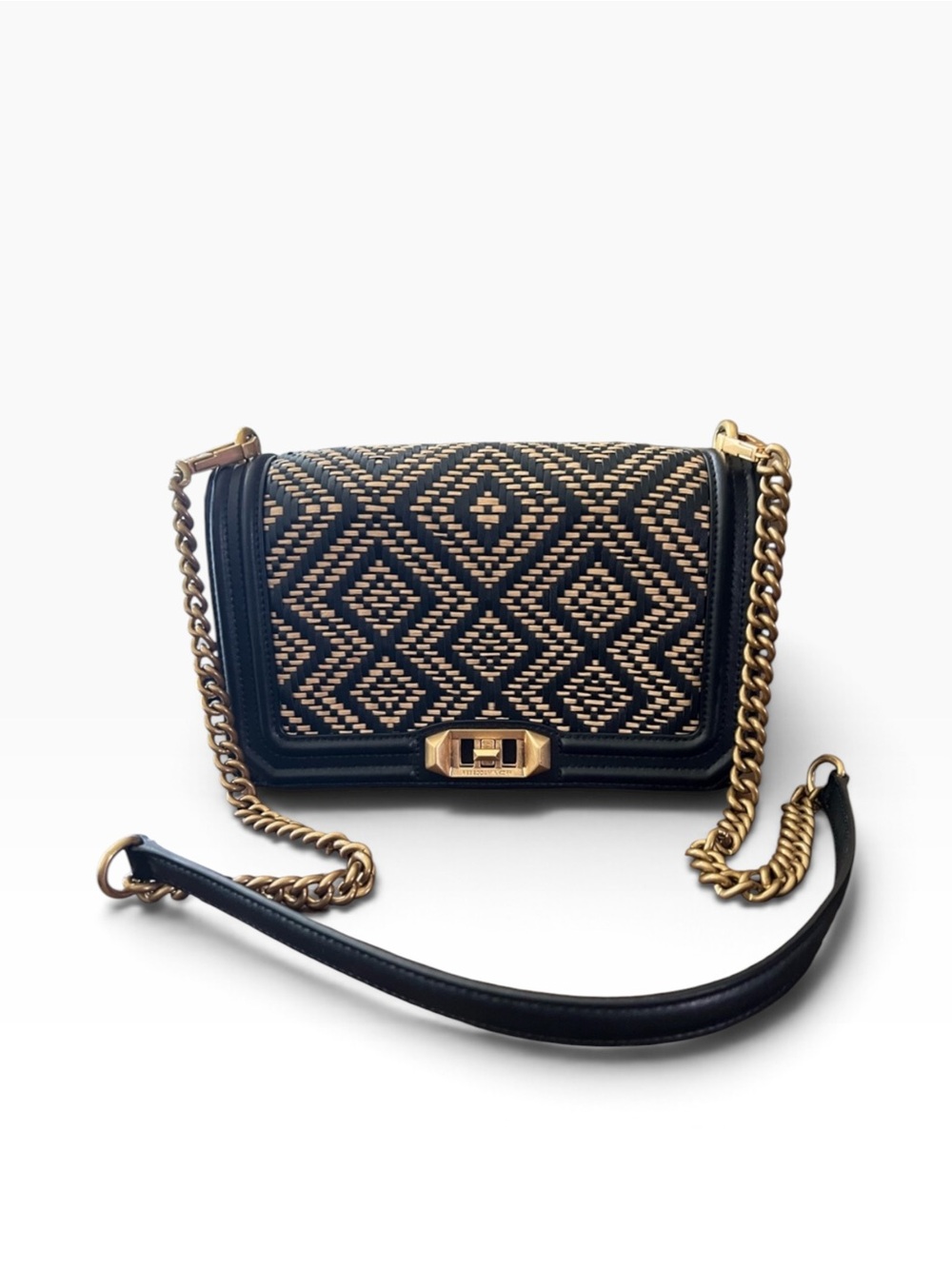 Rebecca Minkoff Love Black Tan Gold Woven Raffia Geometric Crossbody Bag Purse
